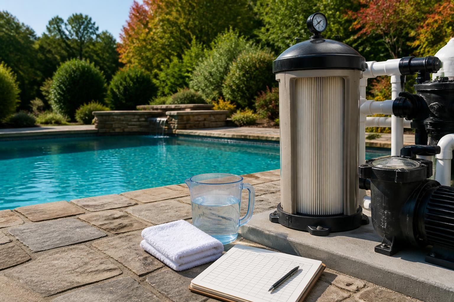 when to clean residential pool filter pressure water conditions shown beside a residential pool filter gauge