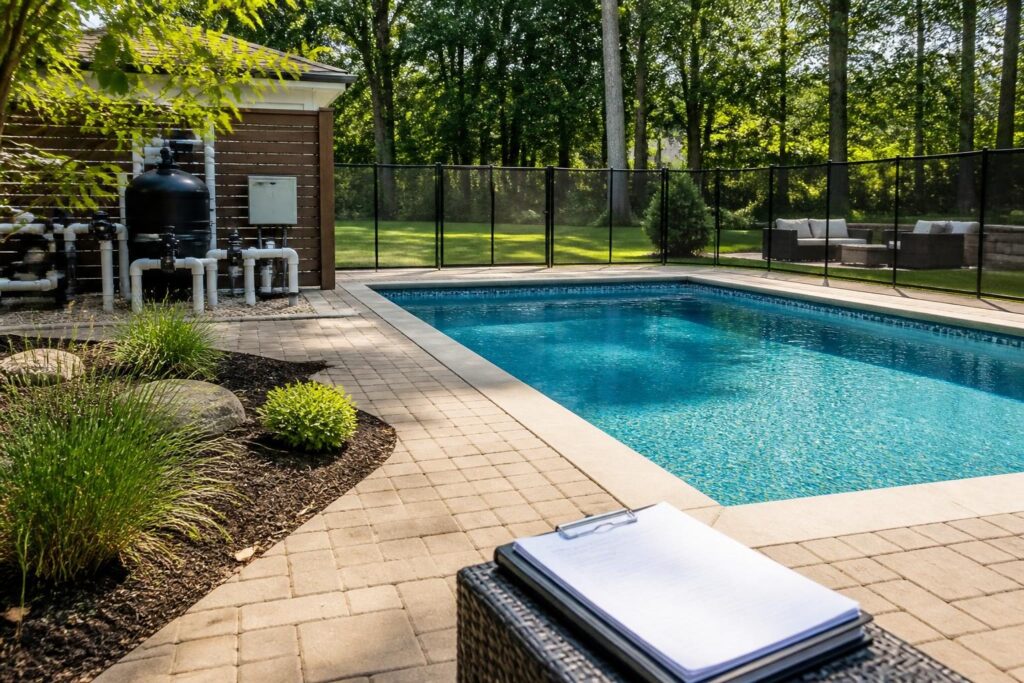 New pool final walkthrough checklist North Carolina homeowner reviewing equipment and safety features