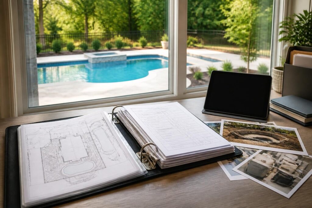 North Carolina pool permit inspection records organized with approved plans and final project documents