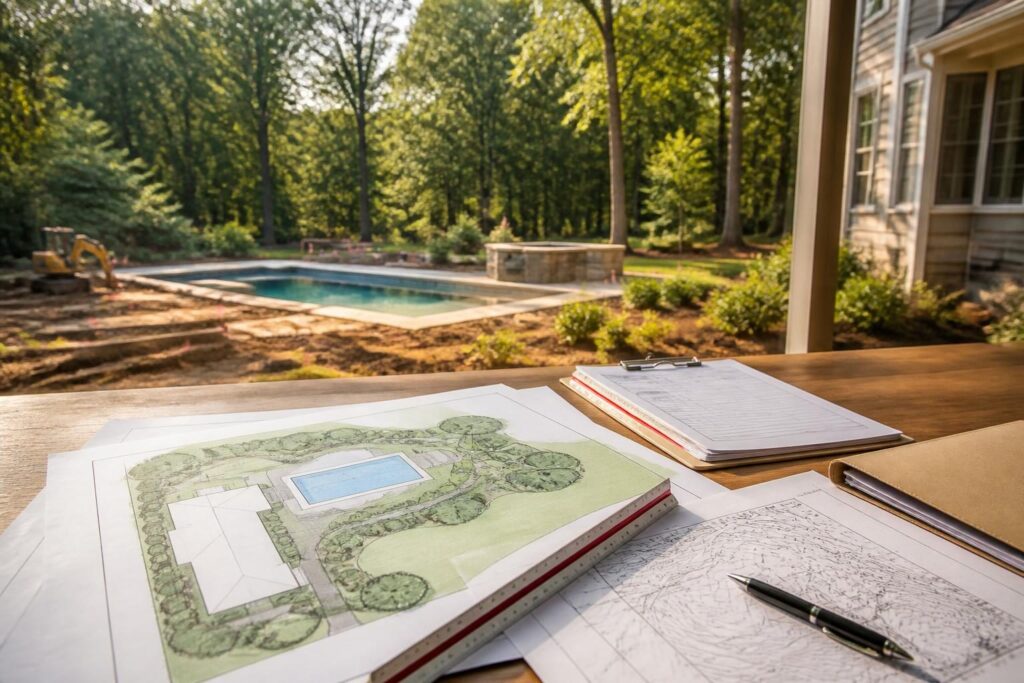 North Carolina residential pool permit research checklist with a site plan and property records