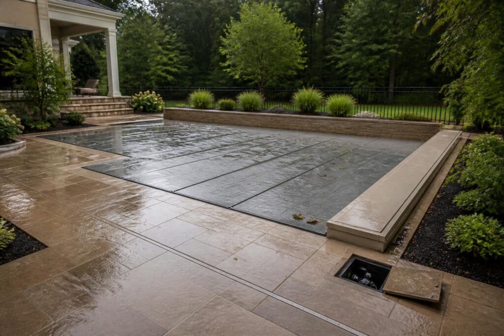 Pool automatic cover drainage planning with rainwater managed around a North Carolina residential pool