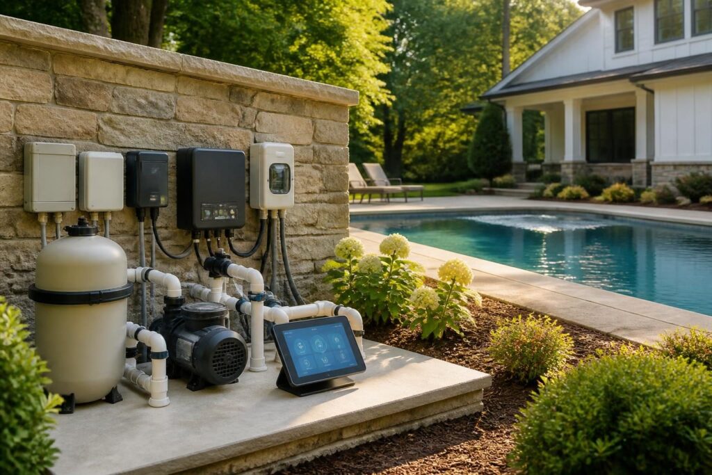 Pool automation sensor calibration questions shown with residential pool equipment and sensor controls in North Carolina