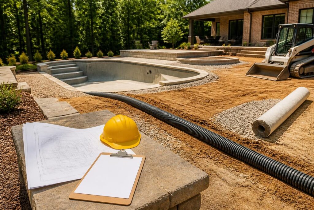 Pool backfill compaction documentation checklist records beside a North Carolina residential pool construction area
