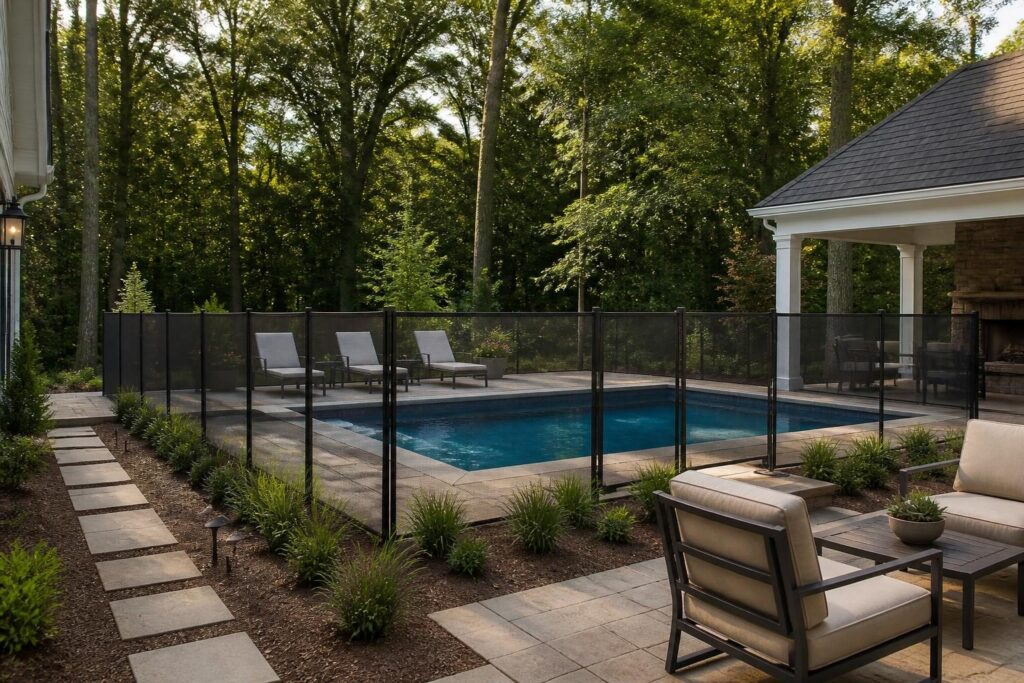 Pool barrier landscaping clearance planning with clear fence lines, spaced plants, furniture, lighting, and irrigation components