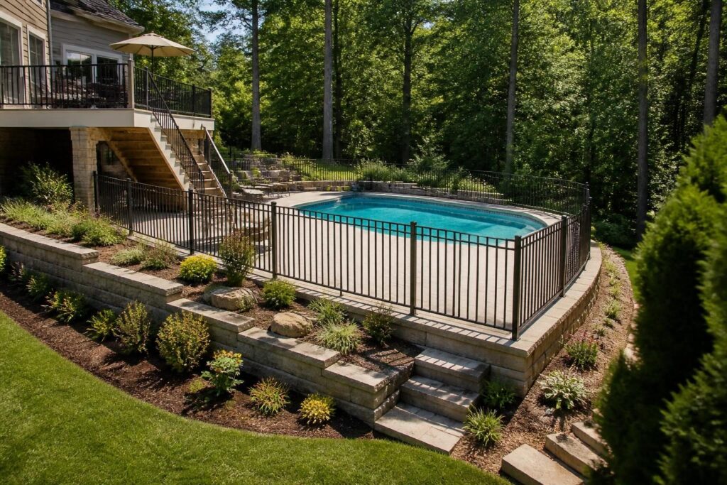 Pool barrier placement around retaining walls and decks in a North Carolina backyard