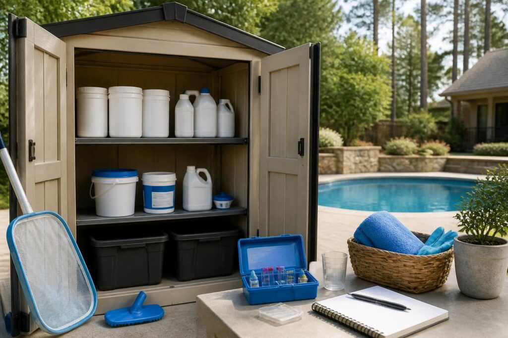 Pool chemical delivery storage workflow organized in a secure ventilated residential storage area