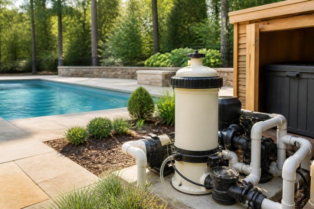 Pool chemical feeder inspection checklist showing a labeled feeder, tubing, and organized equipment area