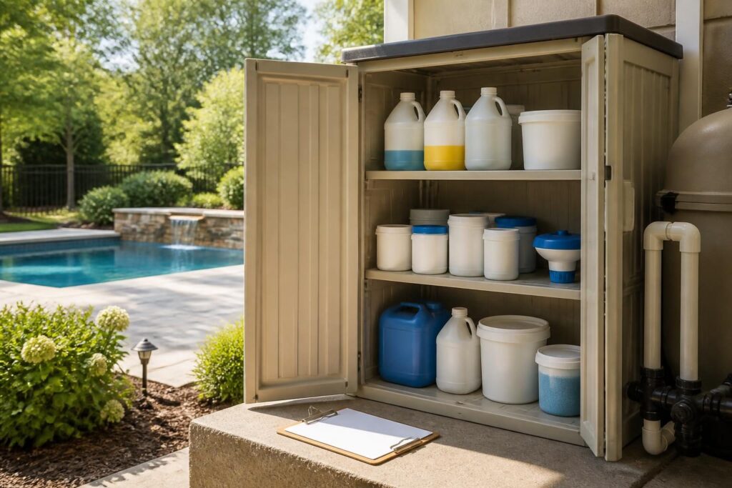 Pool chemical inventory expiration log beside organized labeled containers in a North Carolina home storage area