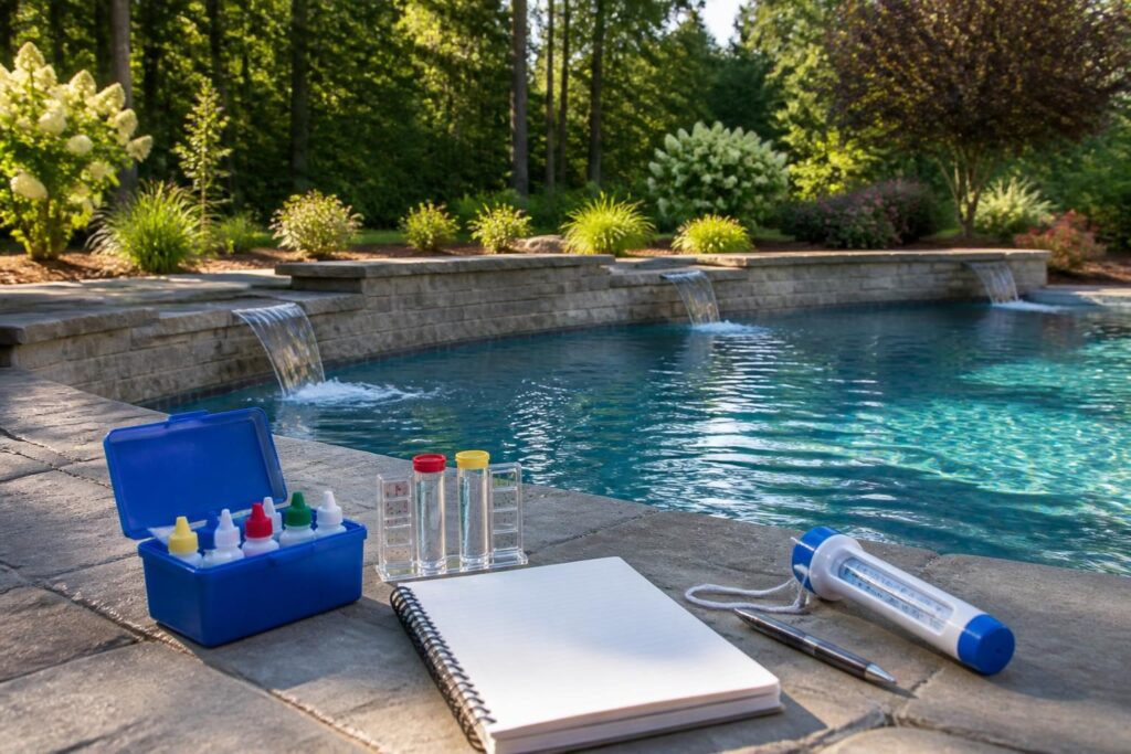 Pool chlorine demand tracking North Carolina homeowner daily log beside a residential pool