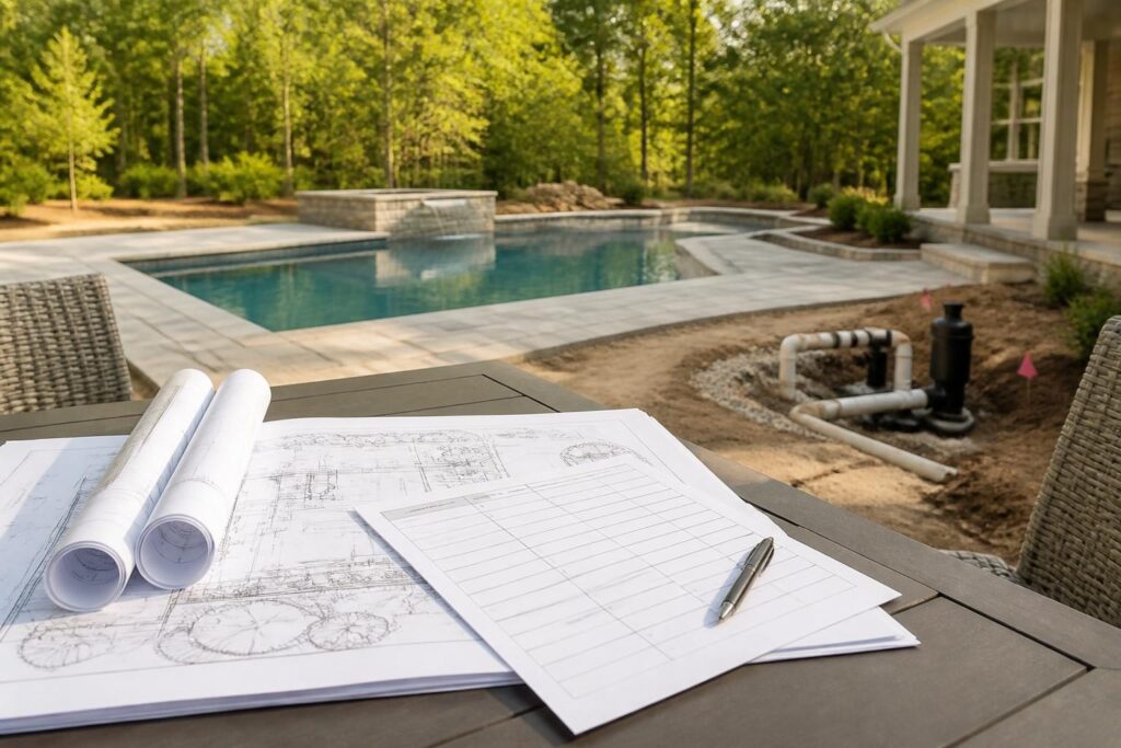 Homeowner reviewing a pool construction allowances and exclusions checklist beside a North Carolina backyard pool project