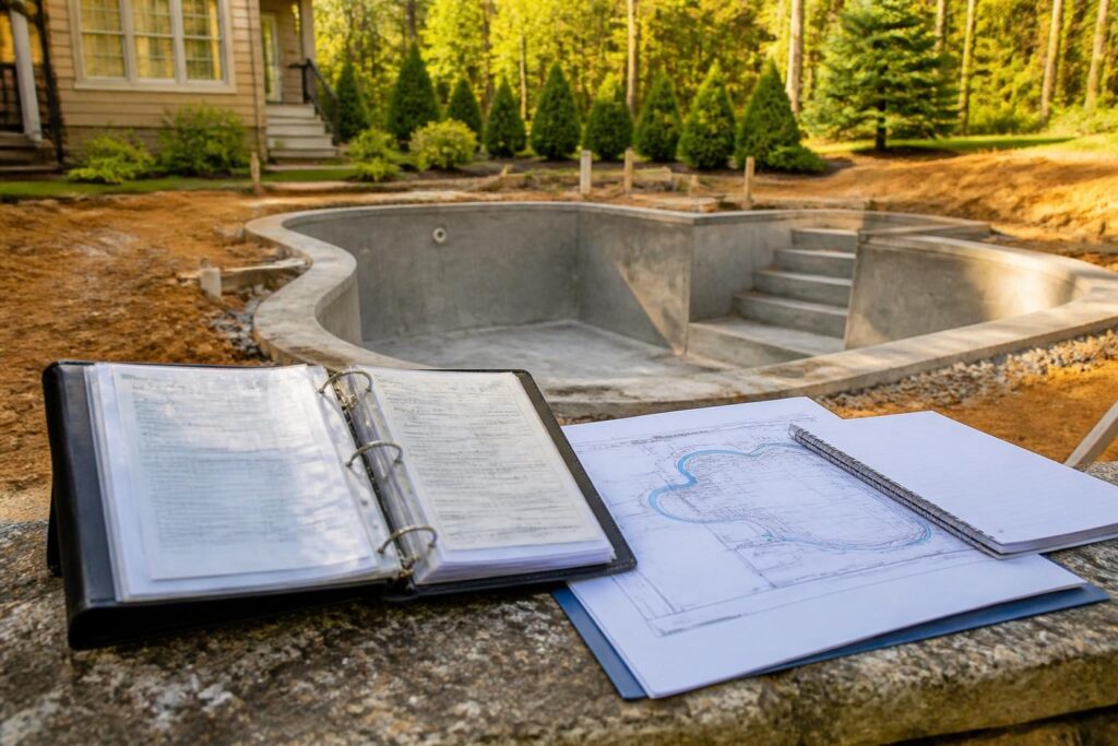 Pool construction concrete testing records arranged beside a residential pool shell in North Carolina