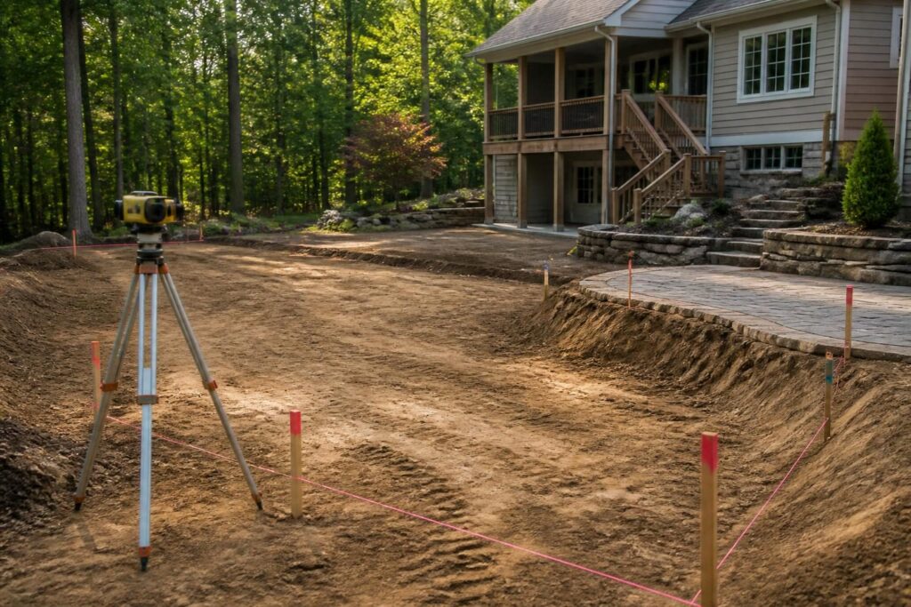 Pool construction elevation benchmarks homeowner checklist shown with survey stakes and grading markers in a North Carolina backyard