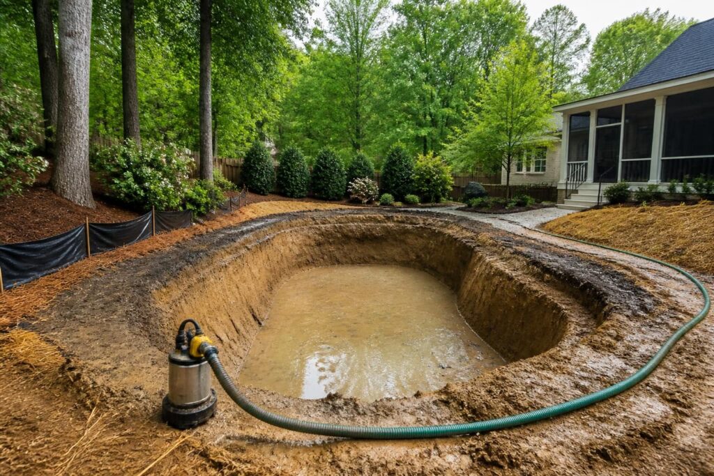 Pool construction groundwater dewatering questions shown by a temporary pump beside a residential excavation