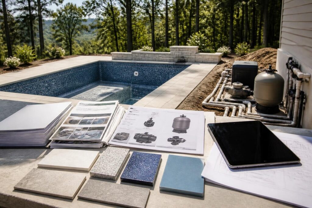 Pool construction material submittals homeowner record with product data and finish samples beside a North Carolina residential pool project