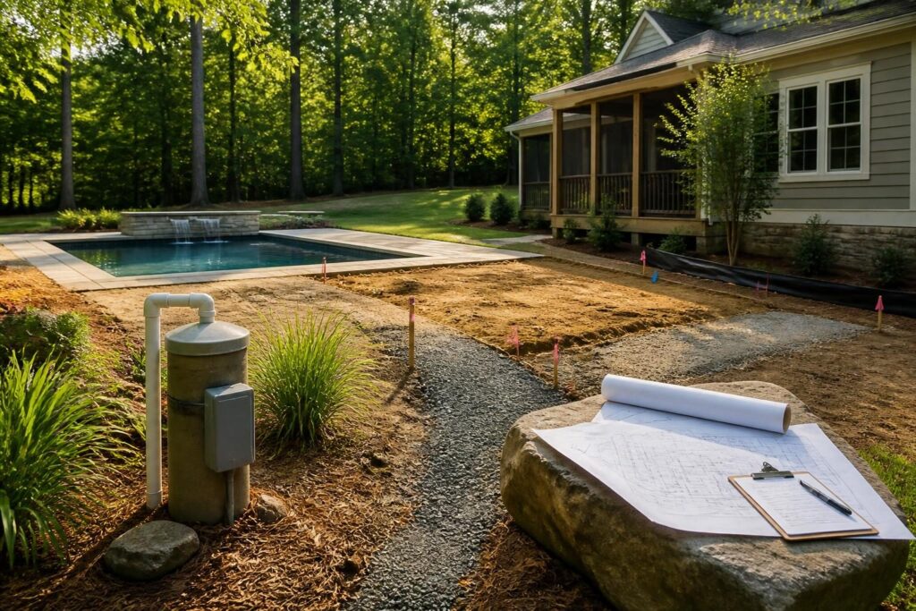 Pool construction near private well water supply access questions shown in a North Carolina backyard planning scene