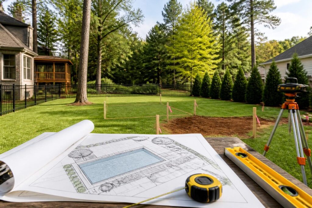Planning pool construction near property line North Carolina with a site drawing and survey stakes