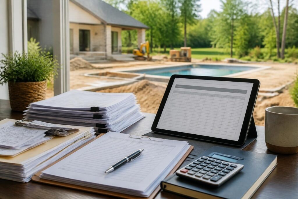 Pool construction payment documentation checklist with invoices and project records beside a North Carolina residential pool site