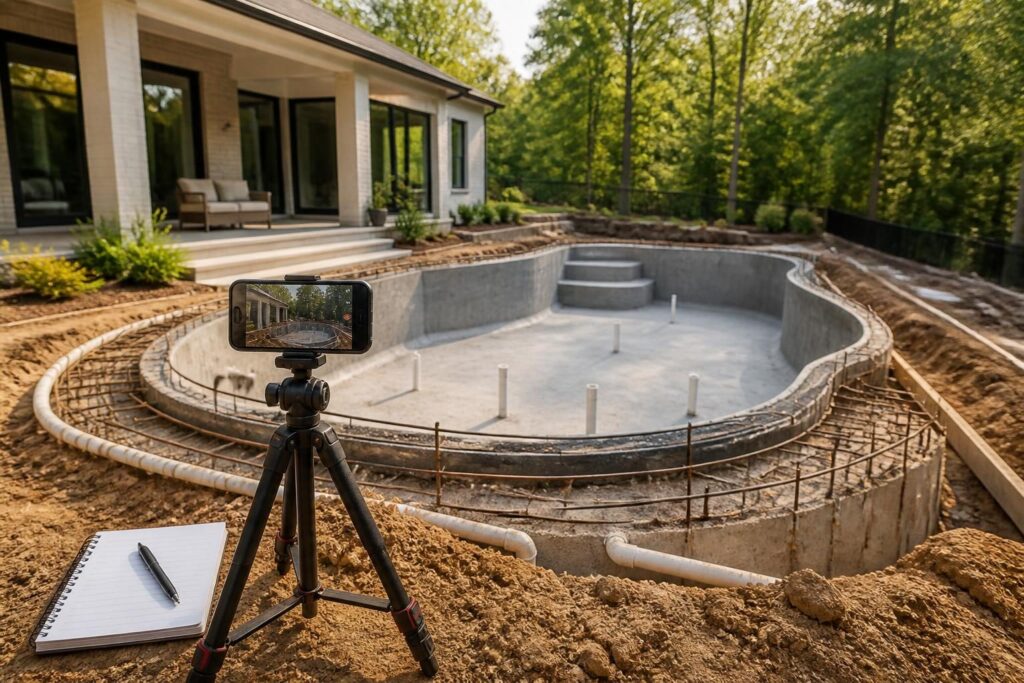 Pool construction photo documentation by stage showing labeled records near an exposed residential pool shell