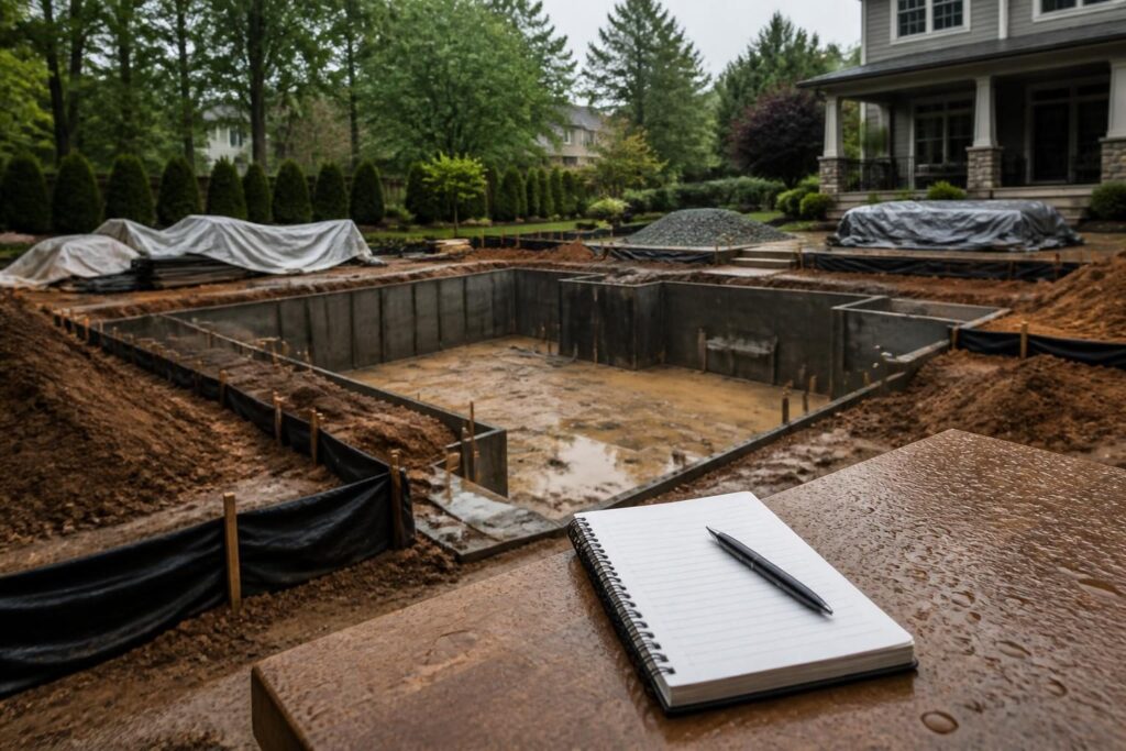 Pool construction rain delay documentation North Carolina homeowner records weather and protected site conditions