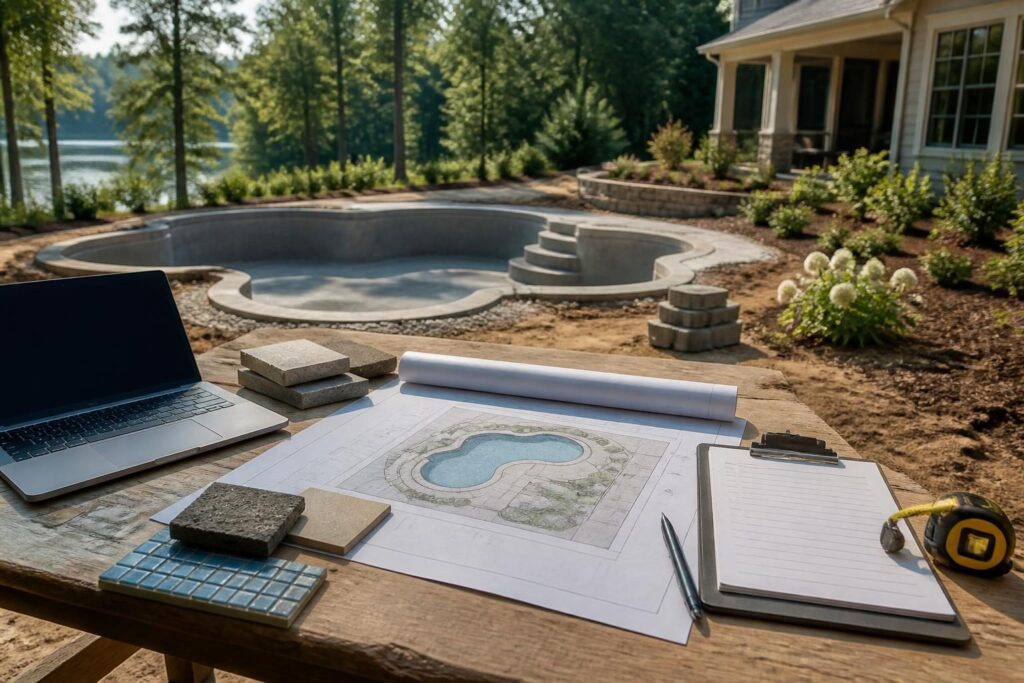 Pool construction schedule decision tracking checklist materials beside a North Carolina backyard pool project