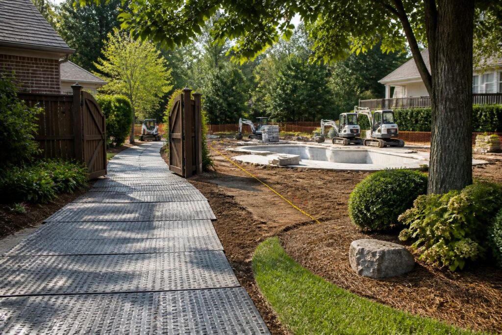 Pool construction site access protection North Carolina with temporary driveway mats, side gate, and protected landscaping