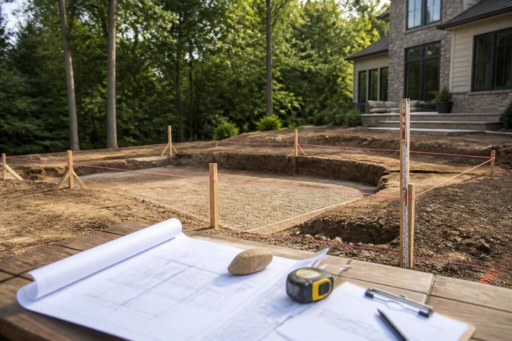 Pool construction survey stake documentation beside a North Carolina backyard pool layout