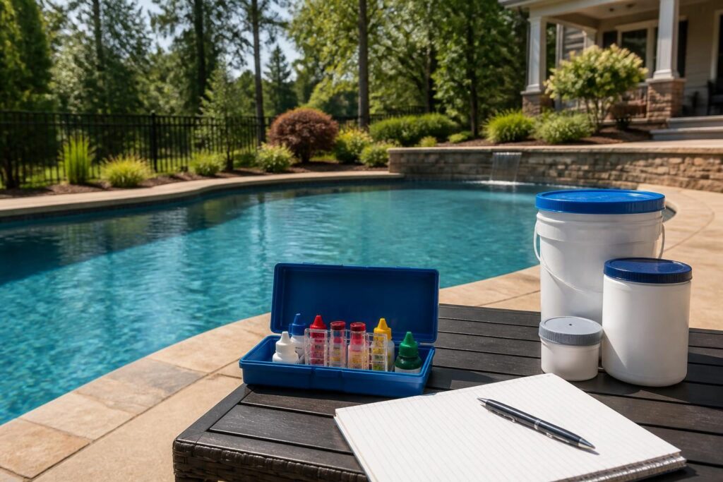Pool cyanuric acid management North Carolina homeowner testing stabilizer beside a sunny backyard pool