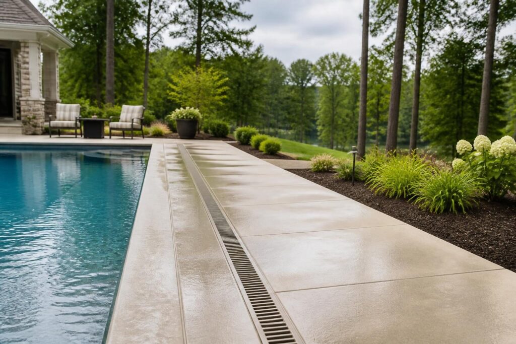 Pool deck drain channel planning North Carolina shown beside a residential pool deck