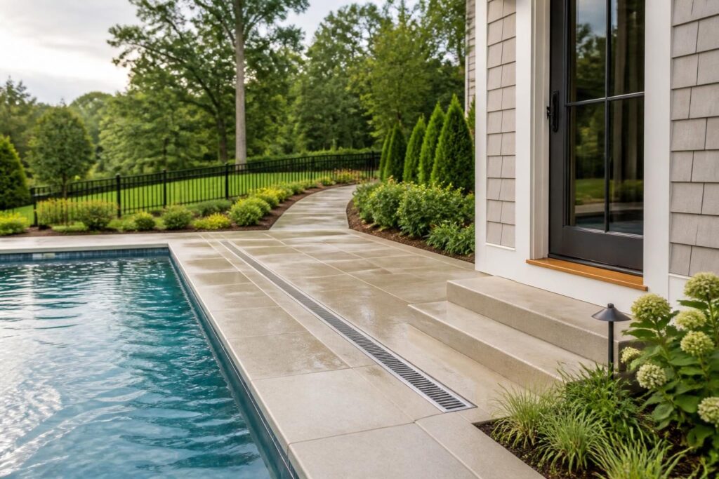 Pool deck drainage around doors and walkways planned beside a North Carolina home