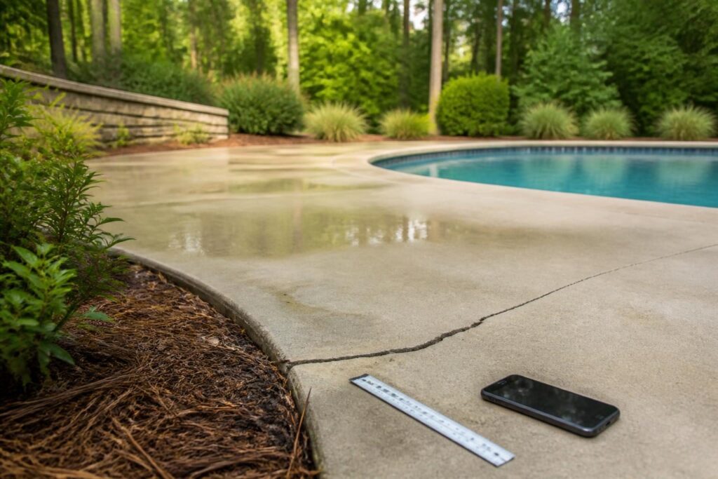 Pool deck settlement monitoring North Carolina homeowner photographing a crack and low spot
