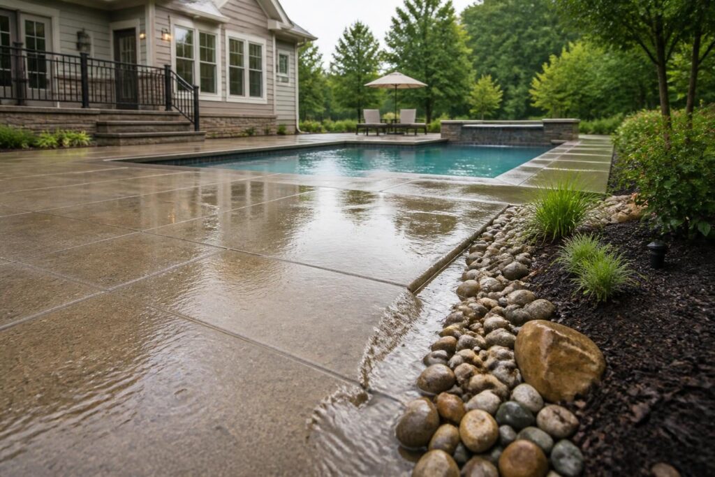 Pool deck slope verification homeowner guide showing safe observation of water movement after rainfall