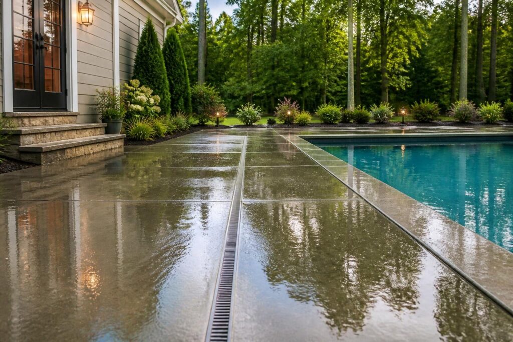 Pool deck surface drainage testing after installation showing rainwater flow near a residential pool in North Carolina