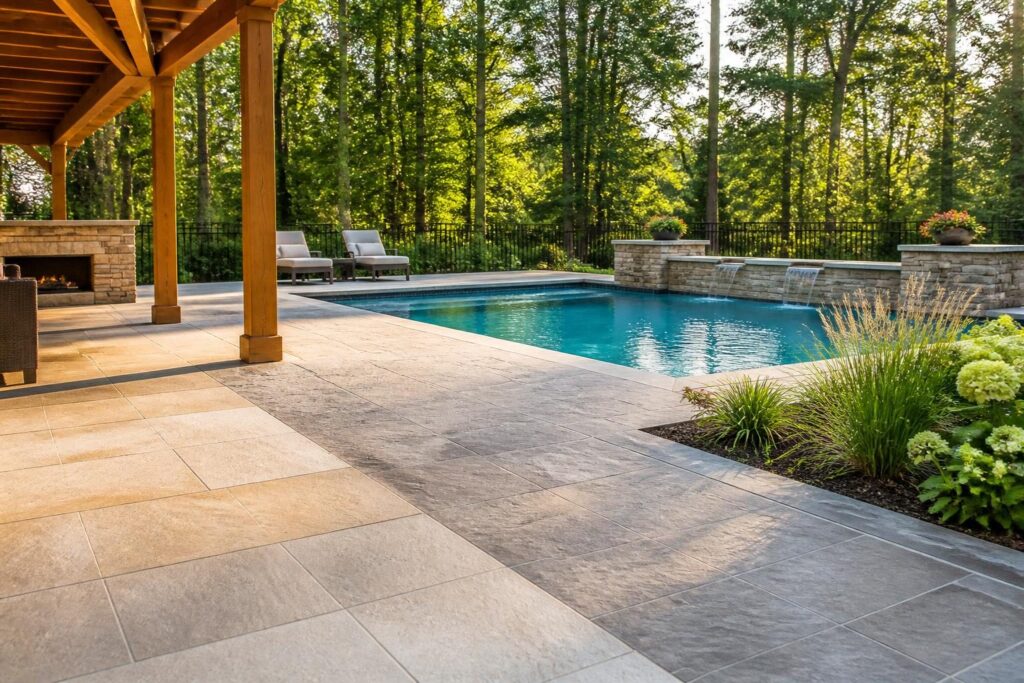 Pool deck surface temperature planning North Carolina with shaded light-toned and textured decking beside a residential pool