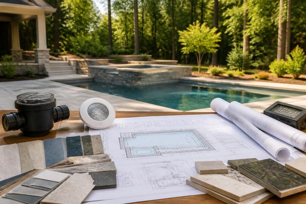 Pool design freeze checklist North Carolina planning documents and finish samples beside a residential pool