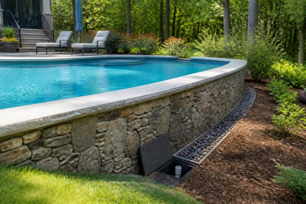 Pool drainage behind raised bond beams with a visible drainage path and maintenance access in a North Carolina backyard