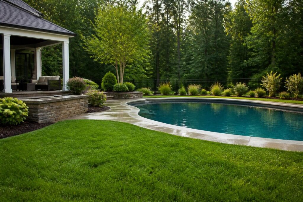 Pool drainage inspection after sod installation beside a North Carolina residential pool