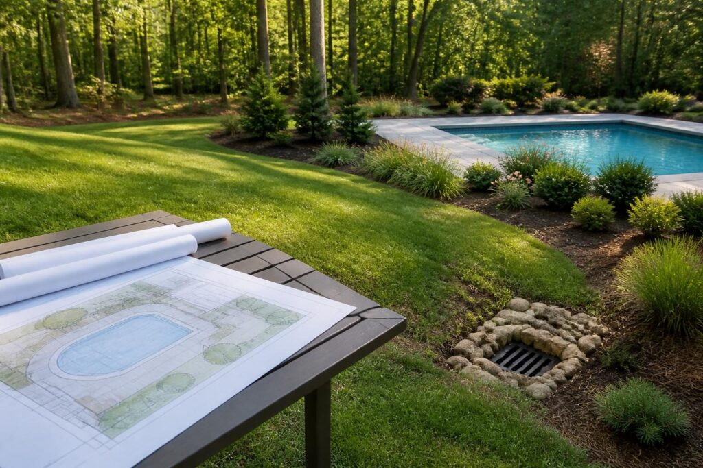 Pool drainage outlet planning North Carolina homeowner reviewing a proposed outlet and graded backyard route