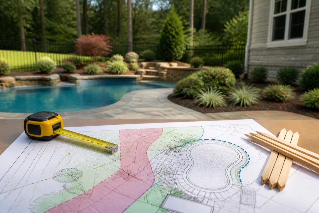 Pool easement setback conflict North Carolina homeowners reviewing a residential backyard layout