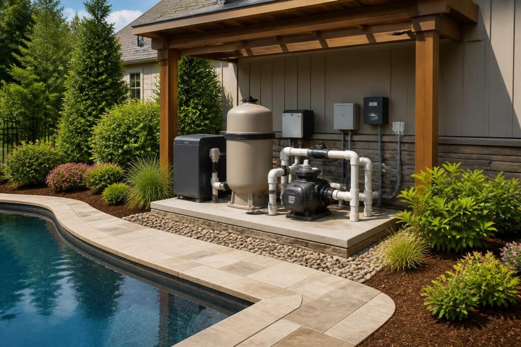 Pool electrical equipment location planning checklist shown in a clear residential service area