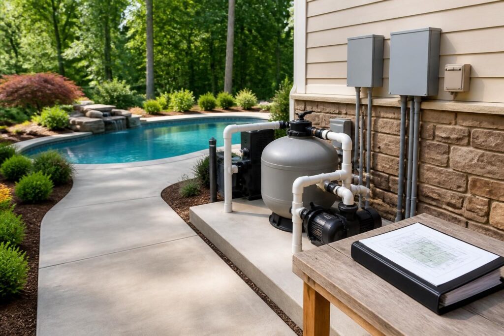 Pool electrical inspection preparation documents beside a neatly organized residential pool equipment area in North Carolina