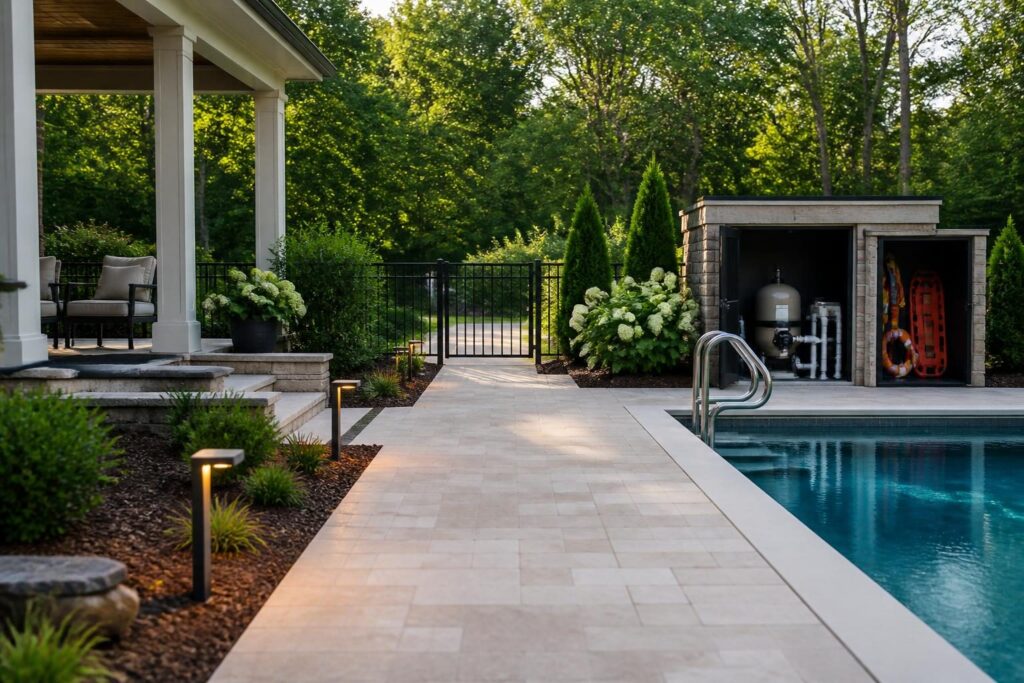 Clear pool emergency access route planning North Carolina around a residential pool gate, deck, equipment, lighting, and landscaping