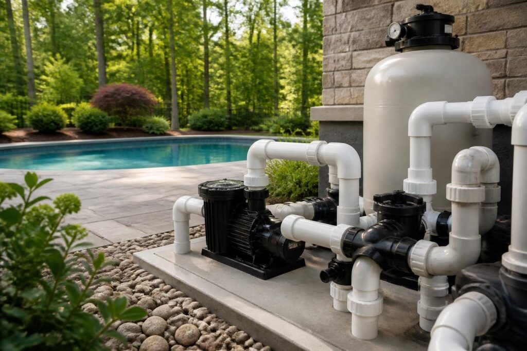 Pool equipment check valve purpose homeowner guide showing a check valve on residential pool plumbing