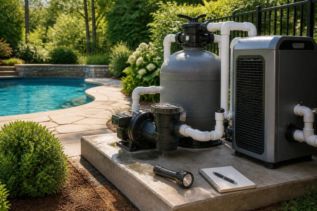 Pool equipment leak inspection routine showing safe visual checks around pump, filter, heater, and plumbing connections