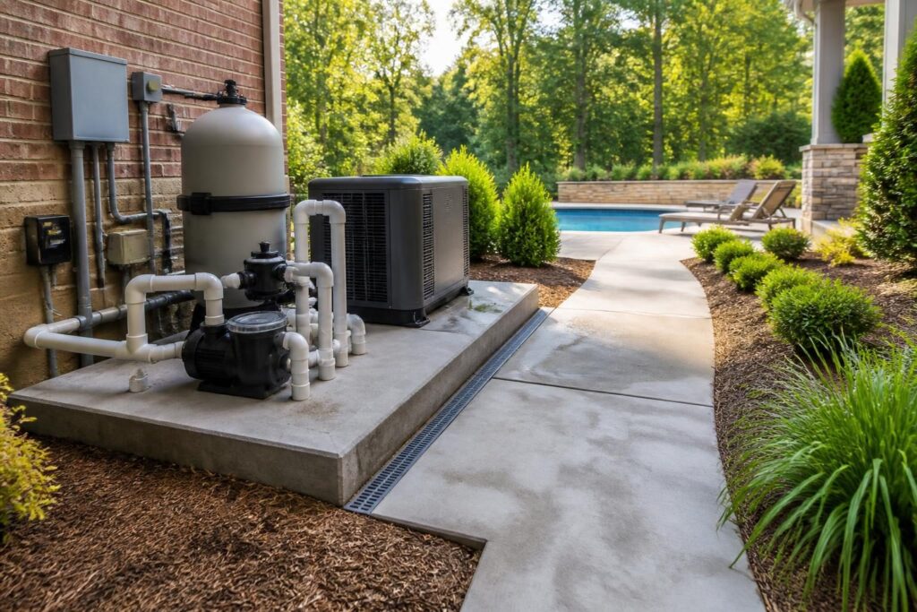 Pool equipment pad drainage planning with pumps, filter, heater, service access, and runoff control in a North Carolina backyard