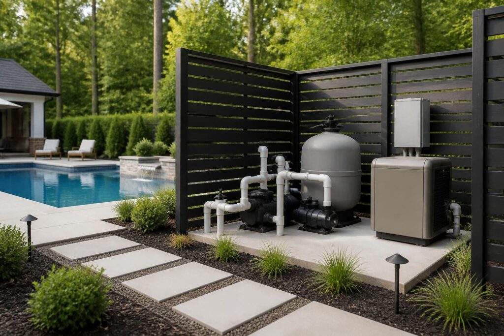 Pool equipment pad sound isolation planning with ventilated screen and clear service access