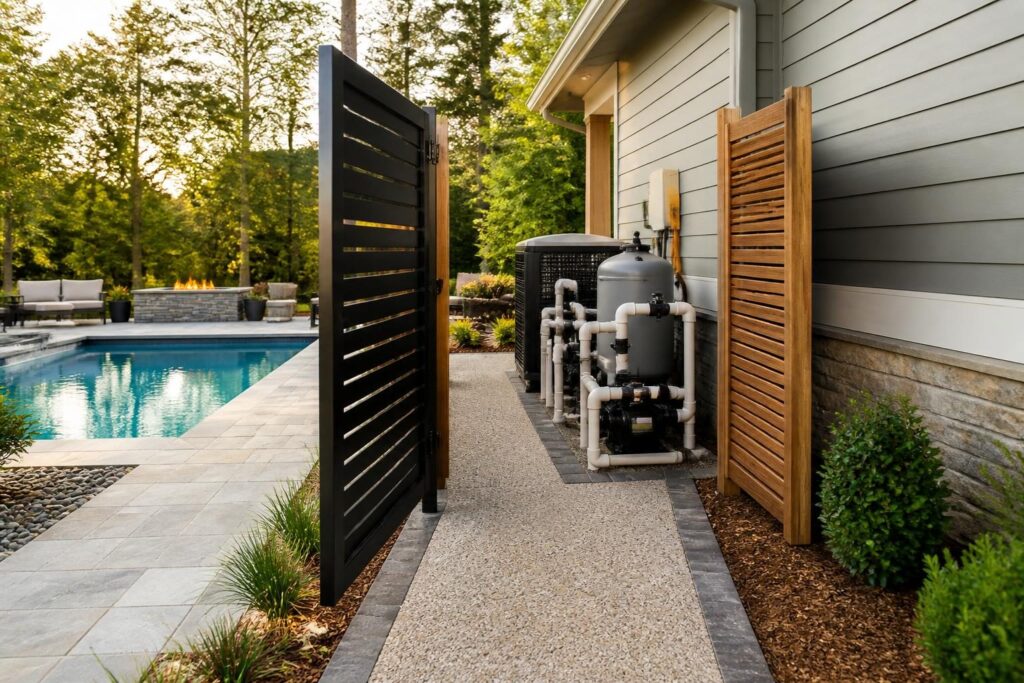 Pool equipment replacement access planning with a clear service path and removable panel
