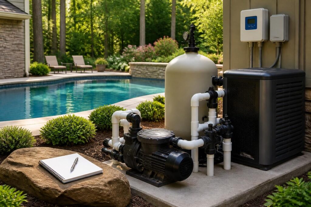 Pool equipment startup readings log beside newly commissioned residential pool equipment in North Carolina