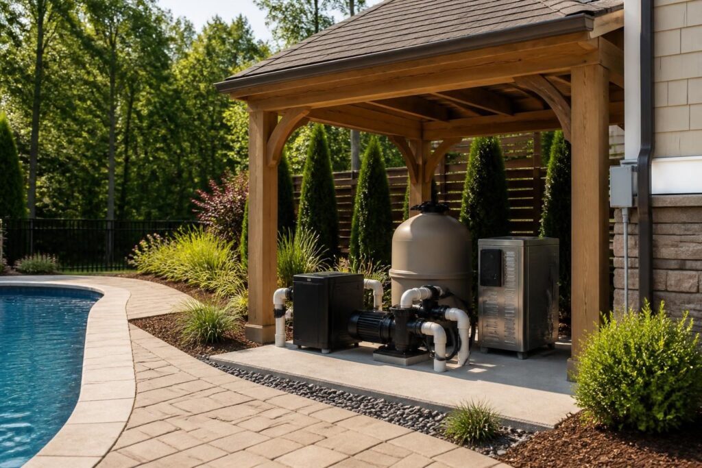 Pool equipment ventilation clearance planning checklist shown in a well-organized North Carolina backyard equipment area