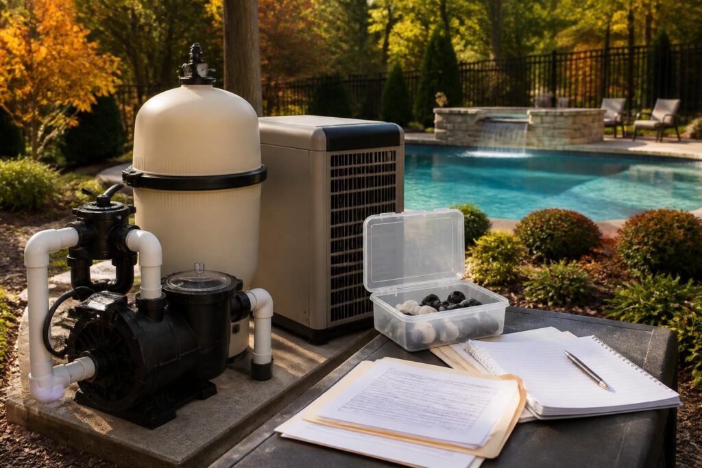 Pool equipment winter drain down records organized beside a residential pool equipment pad in North Carolina
