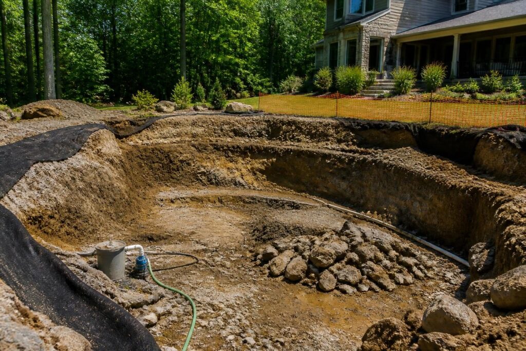 Pool excavation rock groundwater allowance questions shown at a North Carolina residential construction site